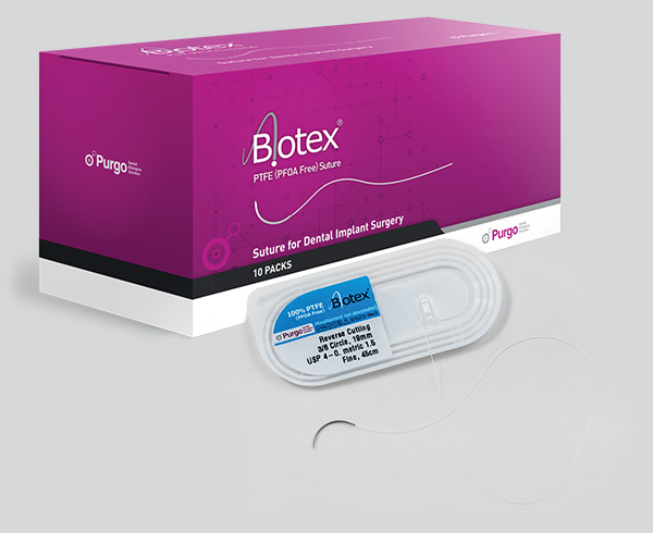 A Biotex® é uma sutura de PTFE, fabricada a partir de um monofilamento não reabsorvível, conectada a uma agulha cirúrgica única de aço inoxidável. A sutura não possui revestimento ou corante, sendo estéril e de uso único, composta de 100% de PTFE.